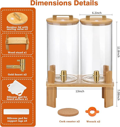 1.5 Gallon 2PCS Glass Drink Dispenser for Parties,Beverage Dispenser with Wooden Stand, Lemonade Dispenser,Juice Containers & Water Pitcher with Lid for Lemonade, Iced Tea and Party Drinks - Image 2