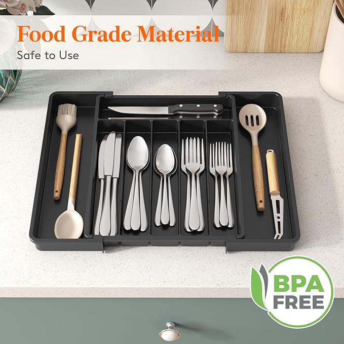 Lifewit Silverware Drawer Organizer, Expandable Utensil Tray for Kitchen, BPA Free Flatware and Cutlery Holder, Adjustable Plastic Storage for Spoons Forks Knives, 11-18 x 14", Black - Image 8