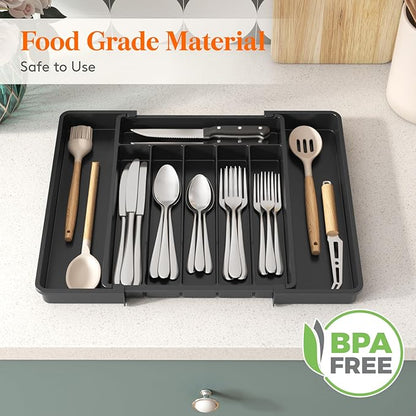 Lifewit Silverware Drawer Organizer, Expandable Utensil Tray for Kitchen, BPA Free Flatware and Cutlery Holder, Adjustable Plastic Storage for Spoons Forks Knives, 11-18 x 14", Black - Image 8