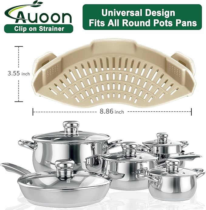 AUOON Clip on Strainer - Silicone Pasta Strainer for Pots Pans and Bowls | Space-Saving Kitchen Essentials for Cooking and Draining | Dishwasher Safe (MilkShake) - Image 4