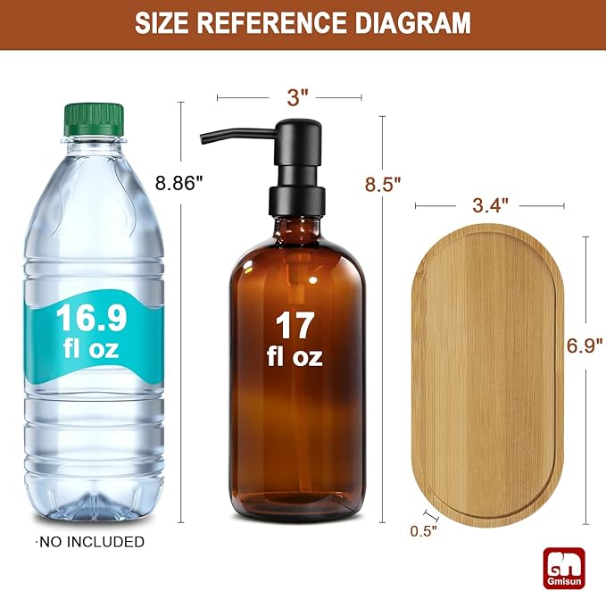 GMISUN Amber Glass Soap Dispenser, 2 Pack Bathroom Hand Soap Dispensers with Bamboo Tray, 17 Fl Oz Kitchen Hand and Dish Soap Dispenser Set, Modern Vintage Liquid Brown Soap Dispensers Bottle - Image 2