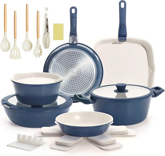 BECIGAR 23pcs Ceramic Pots and Pans Set, Nonstick Detachable Handle Cookware, Induction Kitchen Cooking Set with Removable Handle,include Frying Pans & Saucepans Oven Safe(Blue) by BecigarCookware