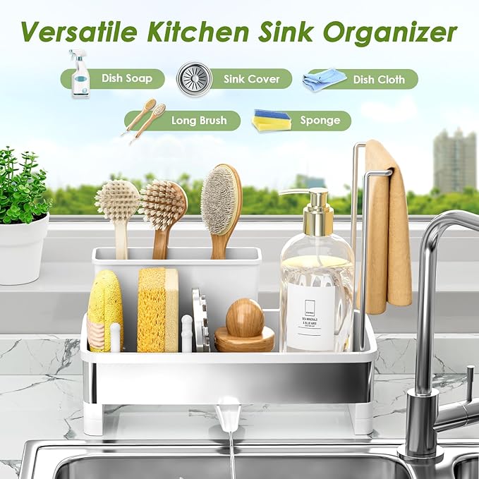 Ewaiira Stainless Steel Sink Caddy, Sponge Holder for Kitchen Sink with Brush Holder & Dishcloth Rack, Rustproof Organizer Countertop, Soap Dispenser Kitchen Organizers Storage Essentials, White 9.8″ - Image 3