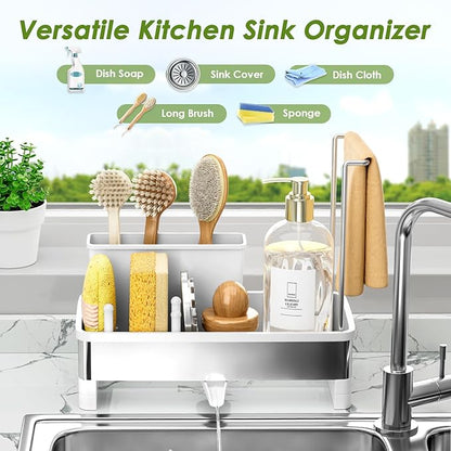 Ewaiira Stainless Steel Sink Caddy, Sponge Holder for Kitchen Sink with Brush Holder & Dishcloth Rack, Rustproof Organizer Countertop, Soap Dispenser Kitchen Organizers Storage Essentials, White 9.8″ - Image 3