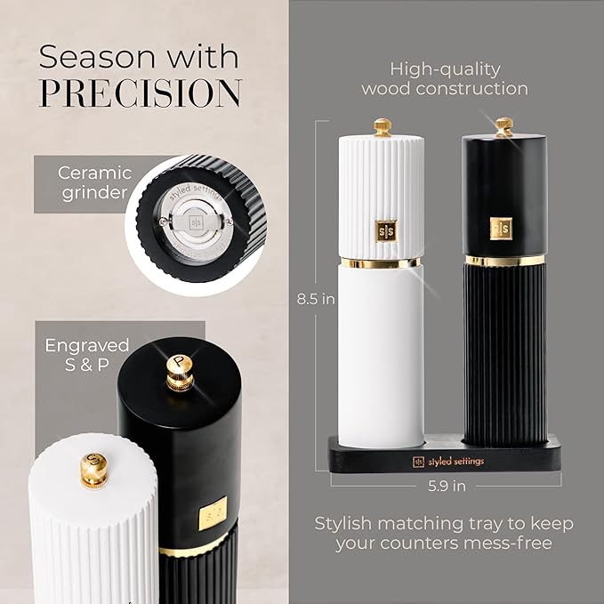 Wooden Salt and Pepper Grinder Set – Refillable Manual Salt and Pepper Mills with Adjustable Ceramic Burrs, Gold Detailing, and Wood Stand – Black and White - Image 4