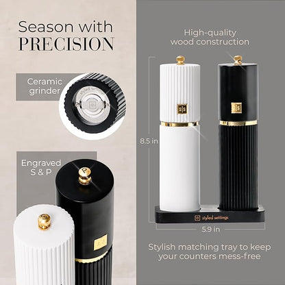 Wooden Salt and Pepper Grinder Set – Refillable Manual Salt and Pepper Mills with Adjustable Ceramic Burrs, Gold Detailing, and Wood Stand – Black and White - Image 4