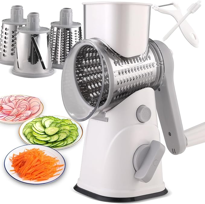 Rotary Cheese Grater Hand Crank, Kitchen Mandolin Vegetable Cheese Shredder with 3 Interchangeable Blades,Easy Clean Rotary Grater with Handle,Kitchen Grater Grinder for Cutting Cheese,Vegetable Nuts by Unknown