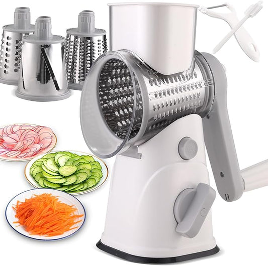 Rotary Cheese Grater Hand Crank, Kitchen Mandolin Vegetable Cheese Shredder with 3 Interchangeable Blades,Easy Clean Rotary Grater with Handle,Kitchen Grater Grinder for Cutting Cheese,Vegetable Nuts by Unknown