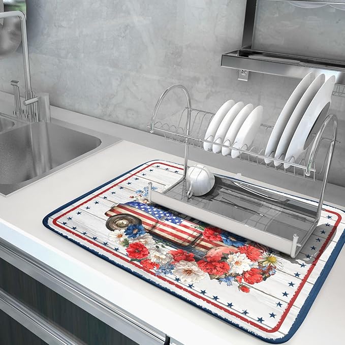 Patriotic Truck Dish Drying Pad 4th of July Drying Mat for Kitchen Counter Coffee Bar Sinks 18 X 24 Inch - Image 5
