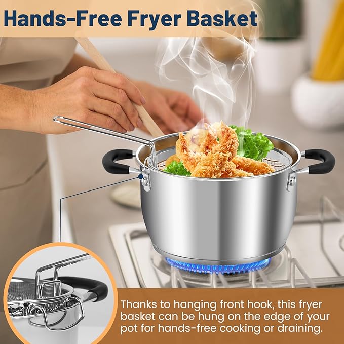 AOSION 6 Quart Stainless Steel Stock Pot with Lid, Deep Fryer Basket for Kitchen Colander Frying Cooking Steaming, 6QT Large Stock Pot for Cooking, Induction Ready, Compatible with All Stoves - Image 5