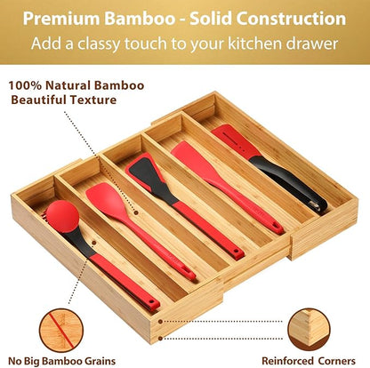 Umilife Expandable Kitchen Drawer Organizer, 2.5" High Bamboo Utensils Silverware Tray, Adjustable Large Deep Wood Organization Holder - Image 3