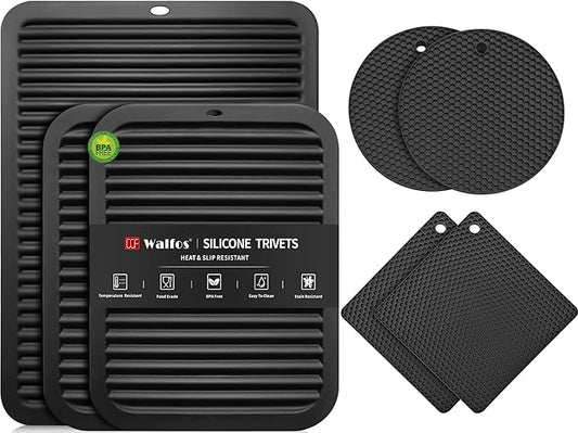 Walfos XXL Silicone Trivet 16" and Large 12" and Round & Square 7", Trivets for Hot Pots and Pans, Heat Resistant Pot Holders Hot Pads for Quartz Countertops, 7 Pack