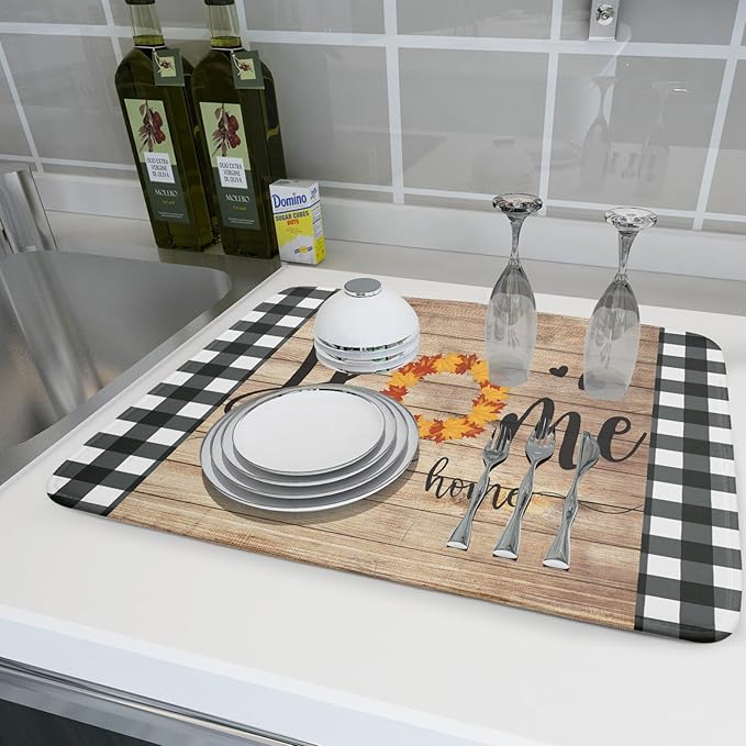 Giwawa Home Sweet Home Dish Drying Mat 18x24 Inch Fall Autumn Maple Leaf Wreath Dish Drainer Mats Rustic Brown Wood Board Microfiber Dish Drying Rack Pad for Kitchen Countertop Farmhouse Decor