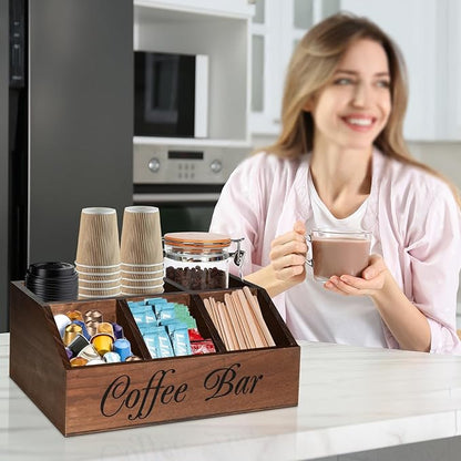 ugiftt Coffee Station Organizer for Counter, Wood Coffee Pods Holder Storage Basket, Tea Condiment Storage Organizer, Rustic Coffe Bar Decor for Accessories - Image 3