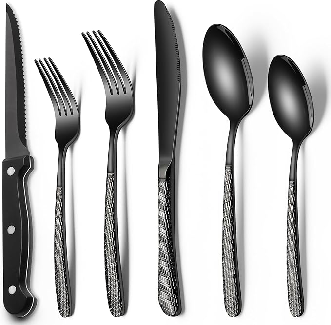 EWFEN 24-Piece Black Silverware Set with Steak Knives, Black Flatware Set for 4, Food-Grade Stainless Steel Tableware Cutlery Set, Mirror Finished Utensil Sets for Home Restaurant, Round Hammered by EWFEN