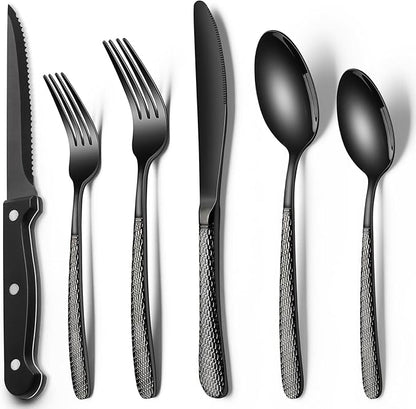 EWFEN 24-Piece Black Silverware Set with Steak Knives, Black Flatware Set for 4, Food-Grade Stainless Steel Tableware Cutlery Set, Mirror Finished Utensil Sets for Home Restaurant, Round Hammered by EWFEN