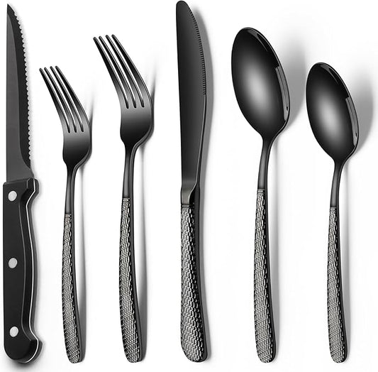 EWFEN 24-Piece Black Silverware Set with Steak Knives, Black Flatware Set for 4, Food-Grade Stainless Steel Tableware Cutlery Set, Mirror Finished Utensil Sets for Home Restaurant, Round Hammered by EWFEN