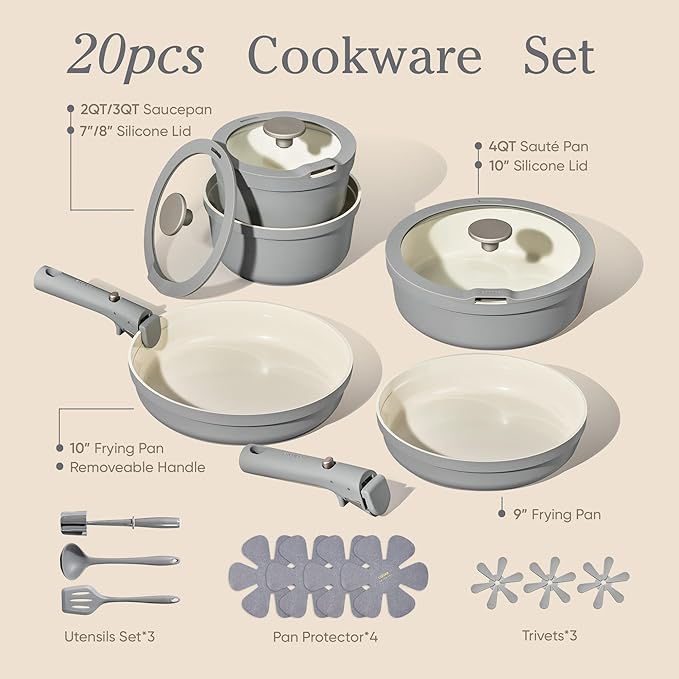 Carote 20pcs Ceramic Cookware Set with Detachable Handles, Pots and Pans Set Non Stick, RV Kitchen Cooking Pot and Pan, Dishwasher Safe, Non-toxic Induction Cookware PFAS and PFOA Free, Grey - Image 2