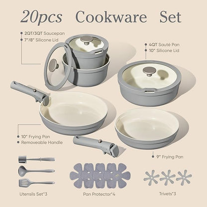 Carote 20pcs Ceramic Cookware Set with Detachable Handles, Pots and Pans Set Non Stick, RV Kitchen Cooking Pot and Pan, Dishwasher Safe, Non-toxic Induction Cookware PFAS and PFOA Free, Grey - Image 2