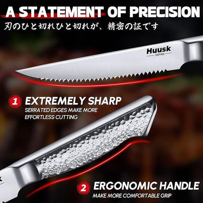 Huusk Japanese Steak Knives Set of 4-4.5" Serrated Steak Knife Set Dishwasher Safe, Stainless Steel Steaks Knives, One-Piece Structure with Anti-slip Handle, Christmas Gifts for Men Women