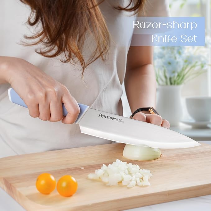 Astercook Kitchen Knife Set with Block and Sharpener 15 Piece German High Carbon Stainless Steel Knives Sharp Blade Dishwasher Safe Deba Knives with Ergonomic Handle, Delicate Blue - Image 2