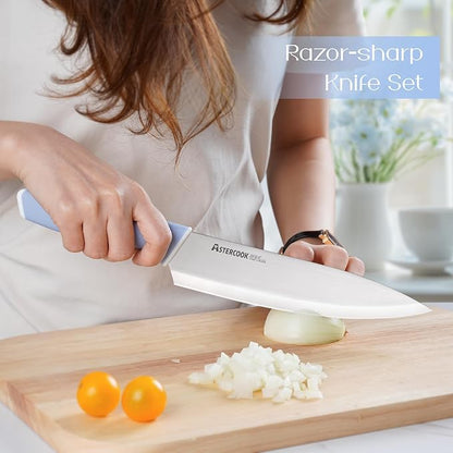 Astercook Kitchen Knife Set with Block and Sharpener 15 Piece German High Carbon Stainless Steel Knives Sharp Blade Dishwasher Safe Deba Knives with Ergonomic Handle, Delicate Blue - Image 2