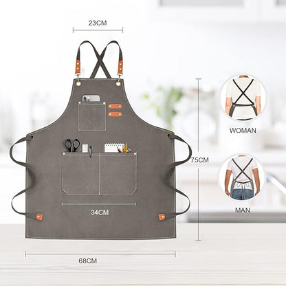 OUNLEN Chef Apron for Men Women Canvas Aprons with 3 Pockets Cross Back Resistant Work Apron for Cooking - Image 2