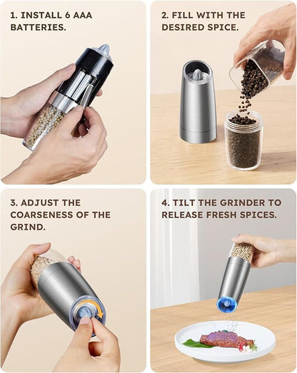 Sangcon Gravity Electric Pepper and Salt Grinder Mill Set Automatic Shakers Grinder with LED Light, Battery Powered Adjustable Coarseness One Hand Operation, Random X or XL Capacity - Image 9