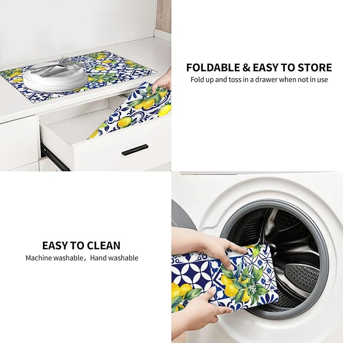 Lemon Mexican Tilt Dish Drying Mat For Kitchen Counter Absorbent Large Kitchen Fast Dry Pad Reusable Washable Protector Rack Large Mat 18 X 24