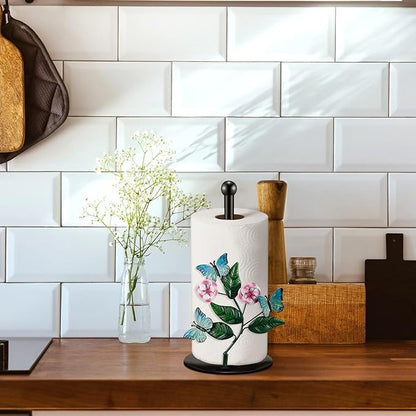 Peryiter Flower Paper Towel Holder Butterfly Kitchen Decoration Countertop Spring Farmhouse Decorative Accessory Black Metal Paper Towel Stand Weighted Base for Women Mom Grandma