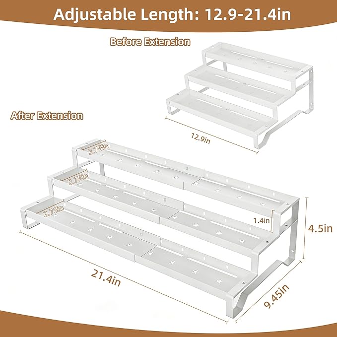 SANKEU Expandable Spice Rack Organizer for Cabinet 3 Tiered Metal Seasoning Organization with Guardrails Spice Shelf Storage for Jars Adjustable Length 13"-21" White 1Pack - Image 5