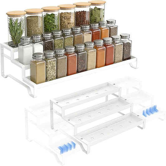 SANKEU Expandable Spice Rack Organizer for Cabinet 3 Tiered Metal Seasoning Organization with Guardrails Spice Shelf Storage for Jars Adjustable Length 13"-21" White 1Pack by SANKEUHomeStorage