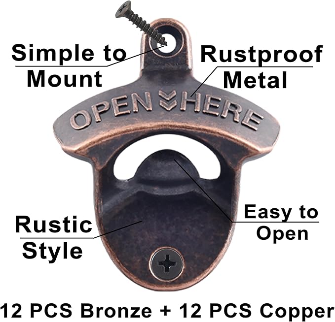 24 PCS Beer Opener Wall Mounted Bulk, Antique Copper Bronze Wall Bottle Opener Mountable for Wood DIY