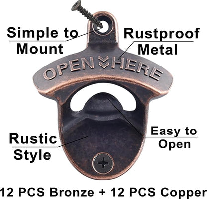 24 PCS Beer Opener Wall Mounted Bulk, Antique Copper Bronze Wall Bottle Opener Mountable for Wood DIY