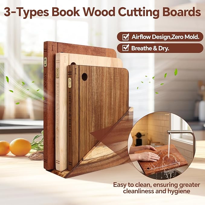 Book Cutting Board Set with Separated Stand, 3 Piece [Acacia/Ebony/Rubber] Wood Cutting Boards That Look Like Books for Kitchen Decor, Reversible Thick Chopping Board with Brass Food Labels - Image 4