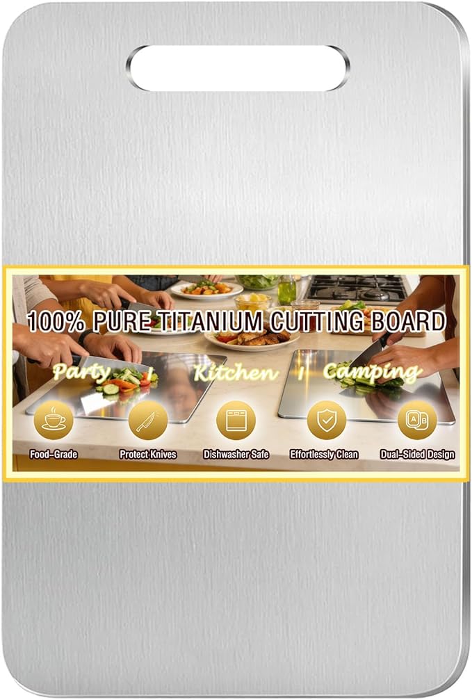 100% Pure Titanium Cutting Board, Titanium Cutting Boards for Kitchen Dishwasher Safe, Food-Grade Metal Meat Chopping Board Mat for Cooking Tasks and Outdoor Charcuterie Party (L, 13.38”×9.25”) by Unknown