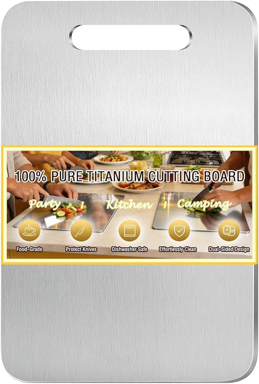 100% Pure Titanium Cutting Board, Titanium Cutting Boards for Kitchen Dishwasher Safe, Food-Grade Metal Meat Chopping Board Mat for Cooking Tasks and Outdoor Charcuterie Party (L, 13.38”×9.25”) by Unknown