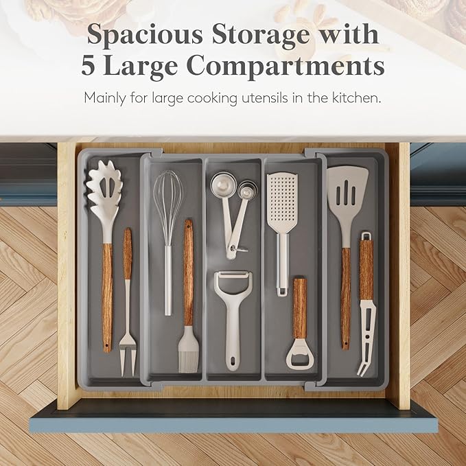 Lifewit Utensil Organizer for Kitchen Drawers, Expandable Cooking Utensil Tray, Adjustable Cutlery Silverware Flatware Holder, Plastic Spatula Tools Storage Divider, 11-18 x 14", Gray - Image 3