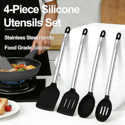 Vayvnt Silicone Cooking Utensils Set for Nonstick Cookware, 4 PCS Kitchen Silicone Spatula and Spoon Set with Stainless Steel Handle, Heat Resistant Kitchen Utensils, Dishwasher Safe, Black