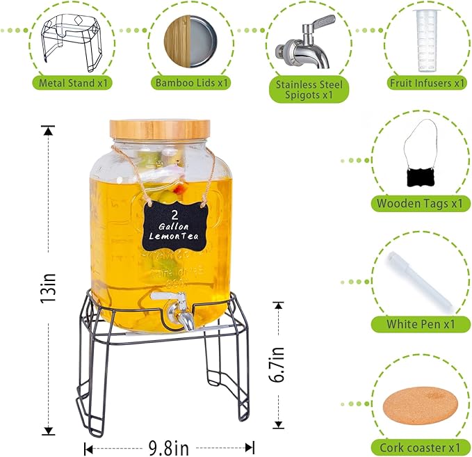 2 Gallon Glass Drink Dispenser with Stand,Stainless Steel Leakproof Spigot &Bamboo Lid& Labels& Fruit Infuse, Large Beverage Dispenser for Parties, Lemonade, Sun Tea, Picnic & Outdoor Use ﻿