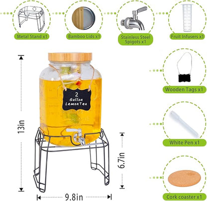 2 Gallon Glass Drink Dispenser with Stand,Stainless Steel Leakproof Spigot &Bamboo Lid& Labels& Fruit Infuse, Large Beverage Dispenser for Parties, Lemonade, Sun Tea, Picnic & Outdoor Use ﻿