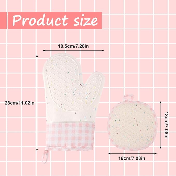 Silicone Confetti Oven Mitts and Pot Holders Set, Heat Resistant Non-Slip Kitchen Baking Accessories with Cotton Lining, 4 Piece Matching Set for Cooking, Pink Gingham