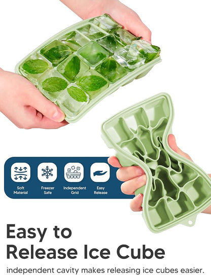 Silicone Ice Cube Tray, 2 Pack Ice Trays for Freezer with Lid, Easy Release and Stackable Silicone Ice Molds, Covered Ice Cube Trays for Cocktails, Whiskey, Coffee (Green) - Image 3