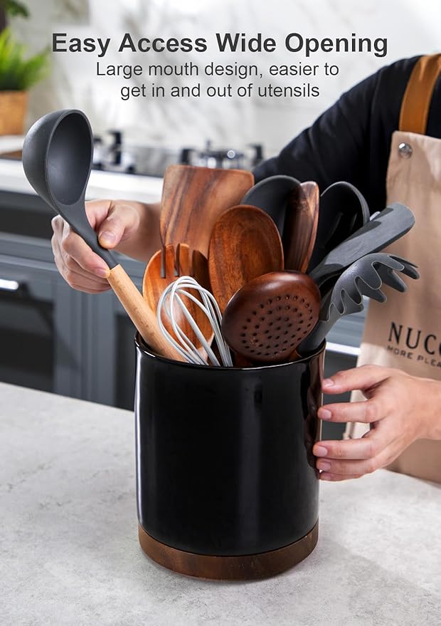 Nucookery 360°Rotating Utensil Holder, 7.2" Large Utensil Crock, White Ceramic Cooking Utensil Organizer,Farmhouse Kitchen Decor Christmas Thanksgiving Gift (Black) - Image 4