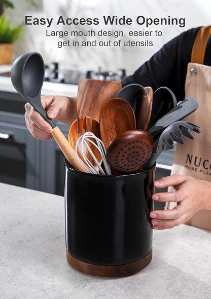 Nucookery 360°Rotating Utensil Holder, 7.2" Large Utensil Crock, White Ceramic Cooking Utensil Organizer,Farmhouse Kitchen Decor Christmas Thanksgiving Gift (Black) - Image 4