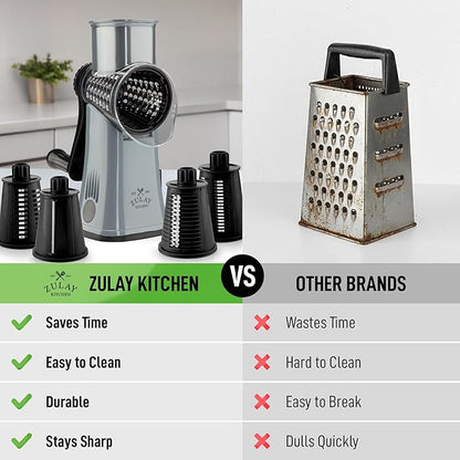 Zulay Kitchen Rotary Cheese Grater 5 Blade Cheese Shredder - Manual Hand Crank Cheese Grater With Reinforced Suction & 5 Interchangeable Drums - Easy to Use, Vegetable Chopper Round Mandoline Slicer - Image 2