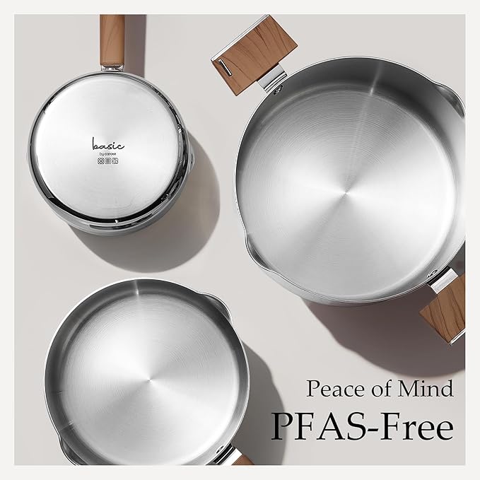 CAROTE1.5Qt & 3Qt Stainless Steel Saucepan Set, Triple Ply Stainless Steel Pot, Saucepan with Glass Lid, Small Sauce Pot with Wooden Handle, Easy Pour Rim - Image 7
