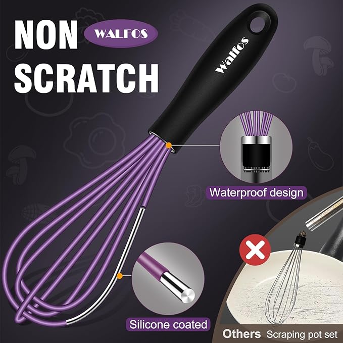 Walfos Mini Silicone Whisk, 5-7Inch, Heat Resistant (480F), Purple & Green - Image 2