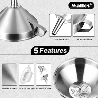 Stainless Steel Funnel, Walfos 6 Different Sizes of Kitchen funnels with 2 Removable Strainer ＆ 1Pcs Cleaning Brush, 200 Mesh Food Filter Strainer,for Transferring of Liquid, Oils, Jam, Powder - Image 7