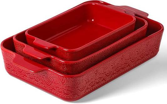 Ceramic Baking Dish Set of 3, Casserole Dishes for Oven, Ideal for Baking, Stewing, Roasting, and Holiday Feasts. The Gift for Mother's Day, Thanksgiving, Christmas, or Housewarming(Christmas Red） by IntoYourHouseOntoYourTable